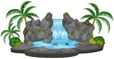 an island with waterfall and palm trees on a white background premium clip art for children