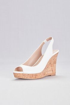 Peep-Toe Slingback Cork Wedge Sandals Style LEANDRA, White, Bridesmaid Heels, Bridesmaid Look, Women's Dress Shoes, Wedding Wedges, Low Wedge Sandals, Brown Wedge Sandals, Bridal Women, White Mountain Shoes