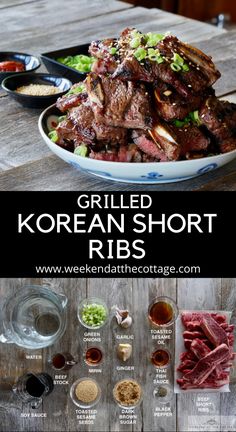 grilled korean short ribs with sauces and seasonings in bowls on a wooden table