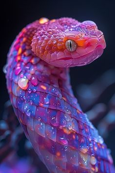 a close up of a pink snake with water droplets on it's body