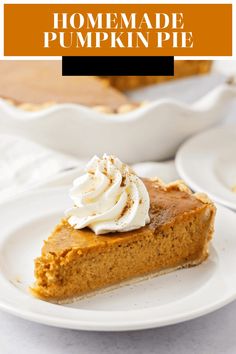 a slice of homemade pumpkin pie on a white plate with whipped cream in the middle