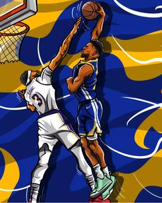 two men playing basketball against each other in front of a blue and yellow wallpaper