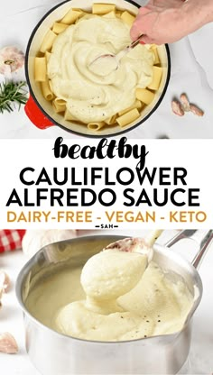 the recipe for cauliflower alfredo sauce is in a pan and ready to be eaten