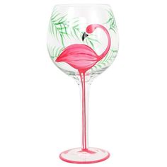 a wine glass with a pink flamingo painted on it