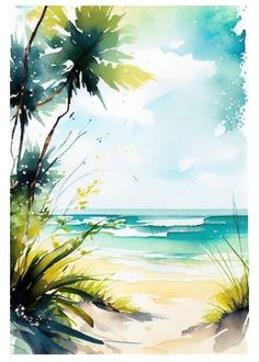 watercolor painting of beach scene with palm trees and the ocean in the back ground