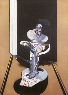 a painting of a man sitting on a chair in front of a mirror with his legs crossed