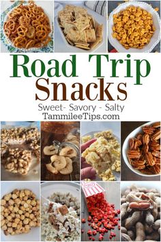 road trip snacks with text overlay that reads road trip snacks sweet savory salty