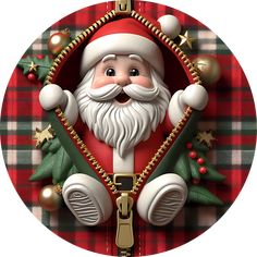 a santa clause with christmas decorations around his neck and hands in the air, on top of a red plaid background