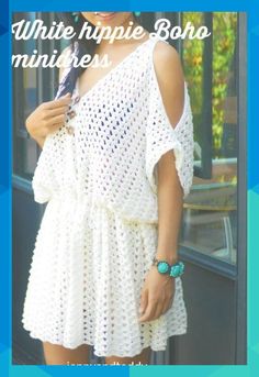 a woman standing in front of a window with the words free crochet pattern white hippie boho mini dress