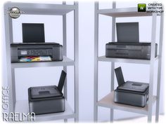 two shelves with electronic equipment on them and the words deco da impressora do rema