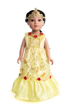 a doll wearing a yellow dress and tiara