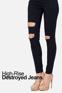 This super stretchy skinny jeans are built with a butt-lifting design. The destructed and distressed details make it perfect for creating an edgy and flattering look. #denimjeans #jeans #everythingdenim #denimforever #pants #popstry #skinnyjeans #destroyedjeans #blackjeans Destructed Jeans