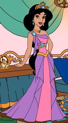 an animated princess standing in front of a bed with her hand on her hip and looking at the camera