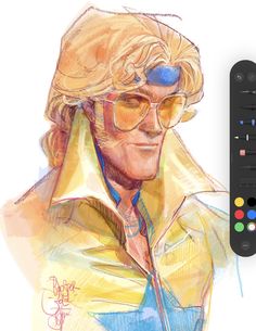 a drawing of a man with glasses and a yellow jacket next to a remote control