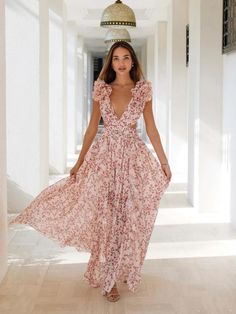 Ruffle Floral Split Long Dress Vacation Party Beach beach fashion Fashionsarah.com Long Dress Vacation, Beach Wedding Attire For Guest Women, Dress For Garden Party, Pink Floral Long Dress, Moh Dress, Floral Clothes, Pink Chiffon Dress, Womens Active Wear Outfits, Ruffles Dress