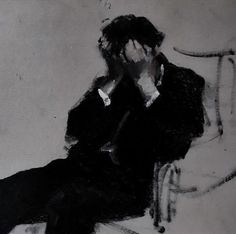 a painting of a man sitting in a chair with his hands to his face and holding his head