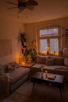 a living room filled with furniture next to a large window covered in plants and candles