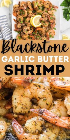 black stone garlic butter shrimp on a plate with lemon wedges and parsley garnish