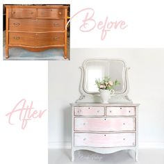 before and after photos of an old dresser with pink paint on the bottom, then painted white