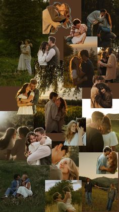 a collage of people and trees in the background with one woman hugging another man