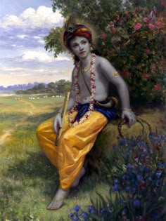 a painting of a woman sitting in the grass