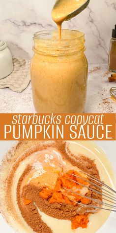 pumpkin sauce being poured into a jar with a whisk on top and in the bottom