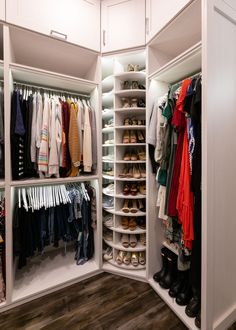 the closet is full of shoes, clothes and other things to wear in it's storage area