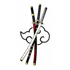 two swords with clouds in the background on a white background, one has black and red handles