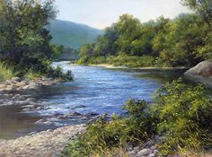 an oil painting of a river in the woods