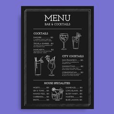 a menu for a cocktail bar on a purple background with black and white graphics, including drinks