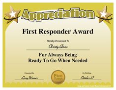 an award certificate for the first responder award is shown in yellow and black with stars