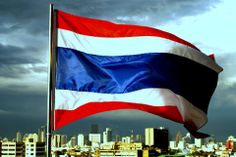 a flag flying in front of a city skyline