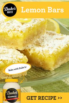 lemon bars on a glass plate with the words get recipe below