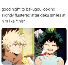 two anime characters, one is smiling and the other has an angry look on his face