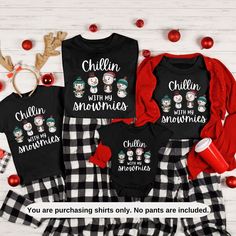 This chillin with my snowmies Christmas family matching shirt is perfect for yourself or family members and friends who loves Xmas holiday season in your life. Great gift for holiday baking, Christmas parties, family holiday photos and pictures and Christmas vacation. Add this winter snowman t-shirt to your holiday wardrobe. All of our shirts are made with the highest quality materials and are super soft and cozy! Below are some additional details on ordering. HOW TO ORDER 1-Please review all th Chillin With My Snowmies, New Years Eve Shirt, Snowman Family, Family Holiday Photos, Christmas Party Shirts, Matching Christmas Pajamas, New Years Shirts, Family Christmas Pajamas, Family Christmas Gifts