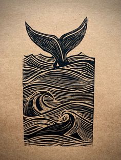 a drawing of a whale tail sticking out of the water with waves coming from it