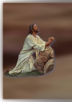 jesus sitting on top of a rock with his hands clasped to the ground and looking up