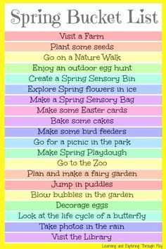 the spring bucket list is shown in pink, yellow and blue stripes with words on it