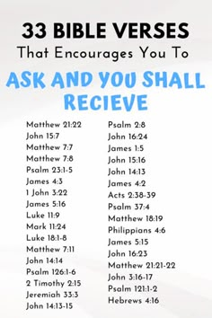 a poster with the words, 33 bible verses that encourages you to ask and you shall