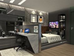 a bedroom with a bed, desk and television in it's corner area on the wall