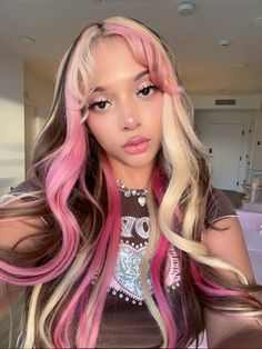 Cool Hair Color Combos, Pink Blonde Black Hair, Blonde Pink And Brown Hair, Blonde And Pink Curly Hair, Neapolitan Ice Cream Hair, Pastel Peekaboo Hair