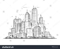 a cityscape with skyscrapers and buildings in black and white ink on a white background