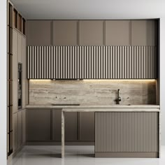 a modern kitchen with stainless steel cabinets and counter tops, along with an island in the middle