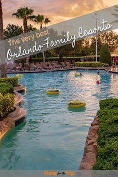 an outdoor swimming pool with lots of people in it and the words, the very best grand - family pools