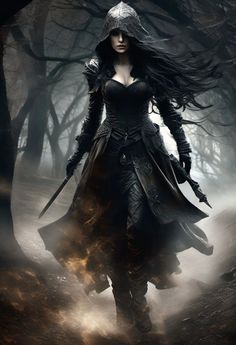 a woman dressed in black is walking through the woods with her long hair blowing in the wind