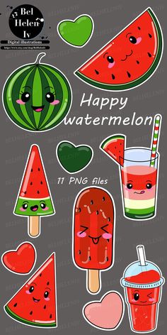 watermelon stickers on a gray background with the words happy watermelon