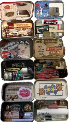 an assortment of tins with various items in them on top of each other, including pens and magnets