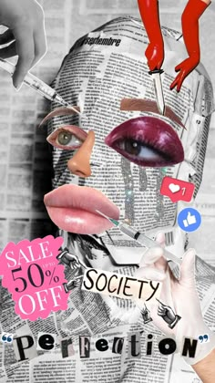 a woman with scissors cutting through her face and the words sale 50 % off society per attention