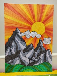 a drawing of mountains with clouds and sun in the background