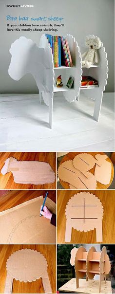 the steps to make a horse bookcase with cardboard and construction paper, including glue